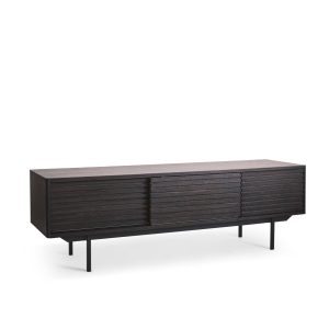 NJORDEC Sense TV-bord, m. 3 låger og hylder - røgfarvet mørkebrun egefinér og sort metal (160x45)
