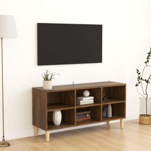 Tv-bord med massive træben 103,5x30x50 cm brun eg